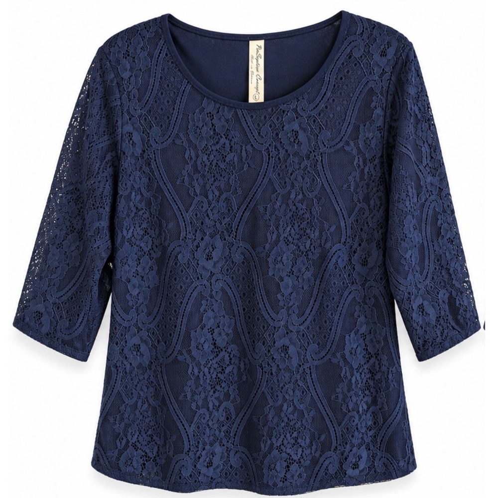 Perception Concept Navy Blue Lace Blouse Floral Medallion 3/4 Sleeve Top Large